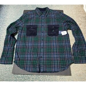 NWT Nautica Mens Flannel L Plaid Corduroy Elbow Patches Pockets Tidal Green (A)